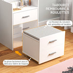 Coiffeuse avec miroir relevable et tabouret à roulettes, table de maquillage avec 2 tiroirs, coussin amovible, blanc