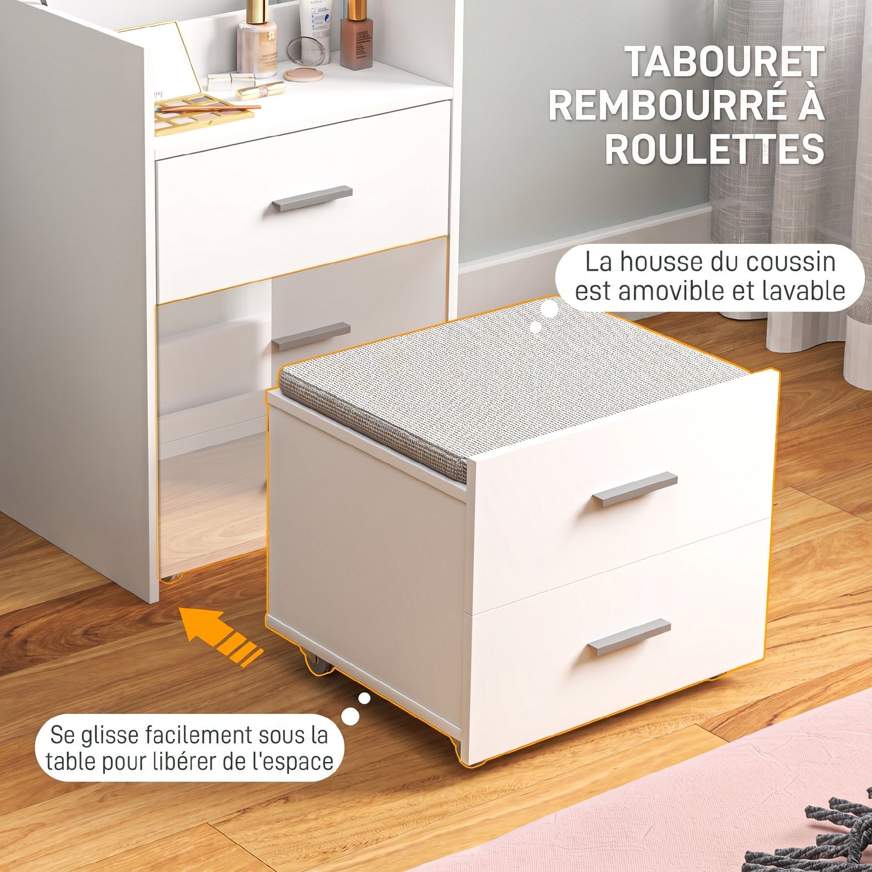 Coiffeuse avec miroir relevable et tabouret à roulettes, table de maquillage avec 2 tiroirs, coussin amovible, blanc