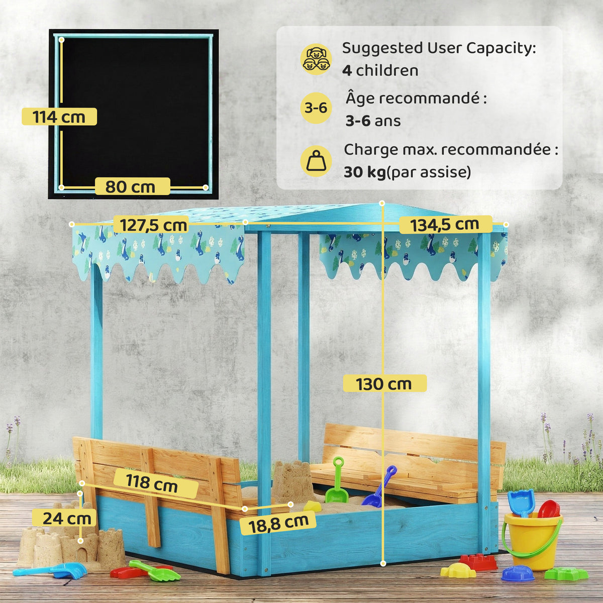 Sandkasten aus Holz mit Deckel, Outdoor-Sandkasten für Kinder mit klappbaren Sitzen und bedruckter Plane mit blauen Flamingos