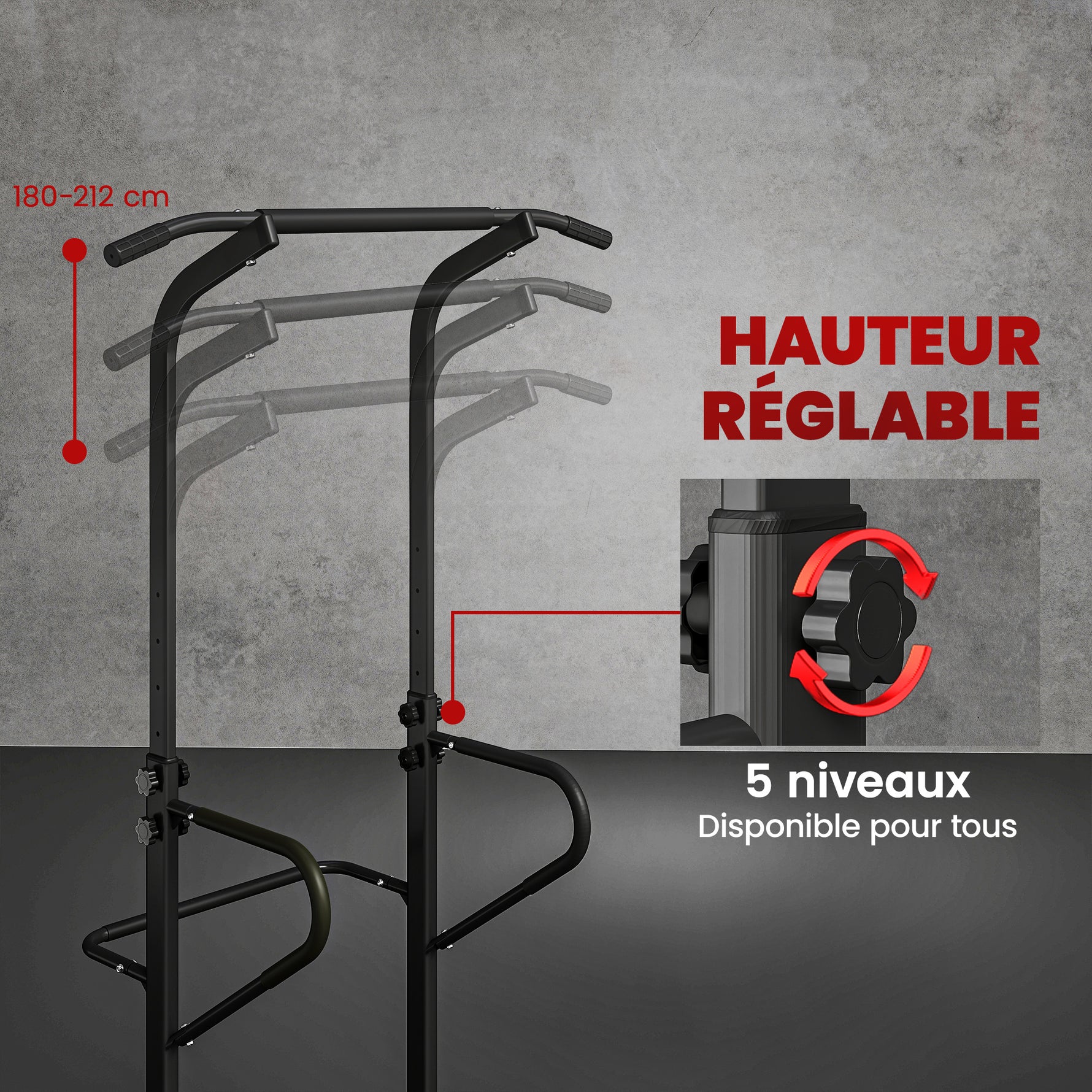 Power Tower Dip Station, Barre de traction, Barre de dips, Hauteur Réglable, Poignées en Forme U, 98x102x180-212cm, Noir