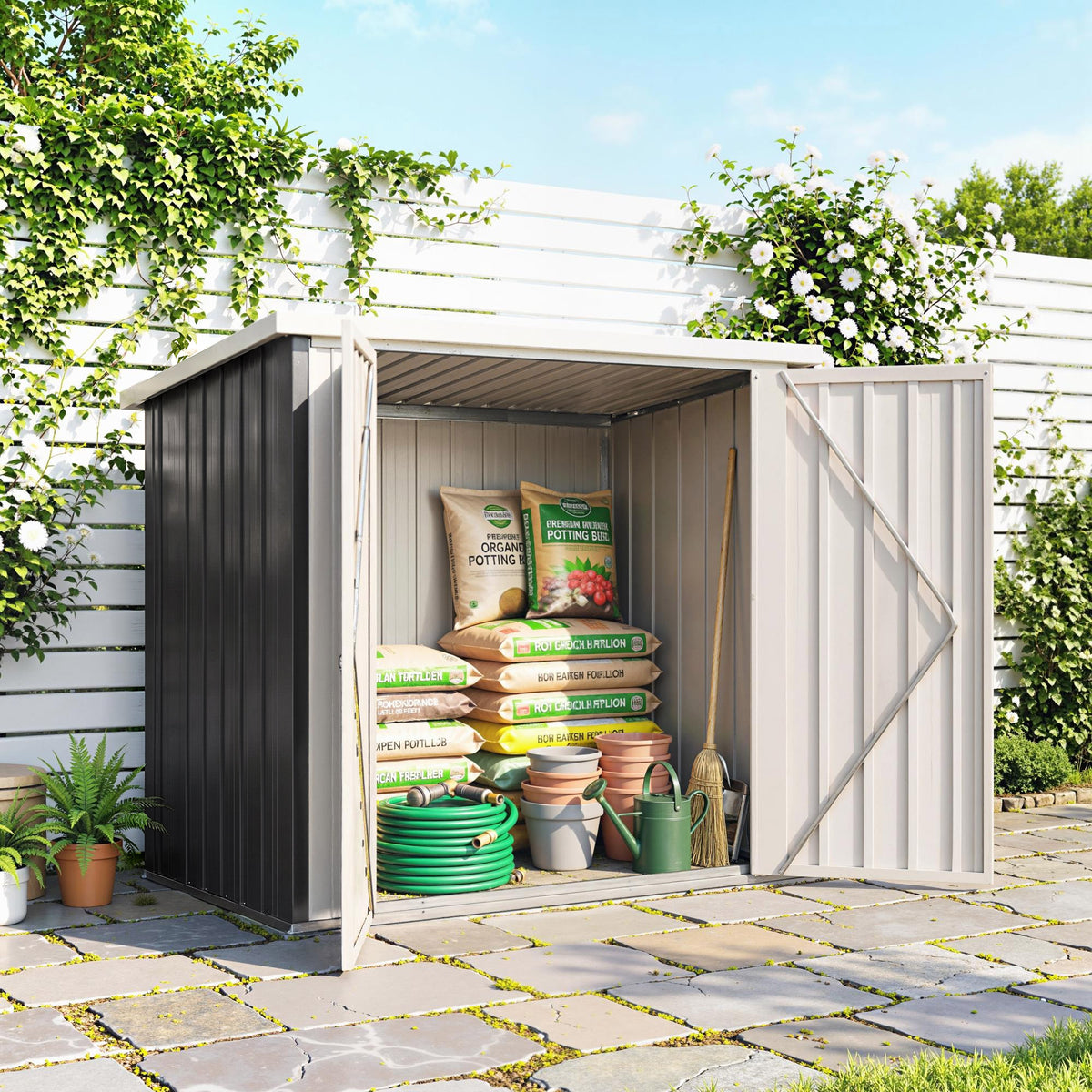 Abri de Jardin - cabane de jardin 1,09 m² - cabanon rangement outils 2 Portes verrouillables - dim. 147L x 86l x 134H cm - tôle d'acier Noir Blanc