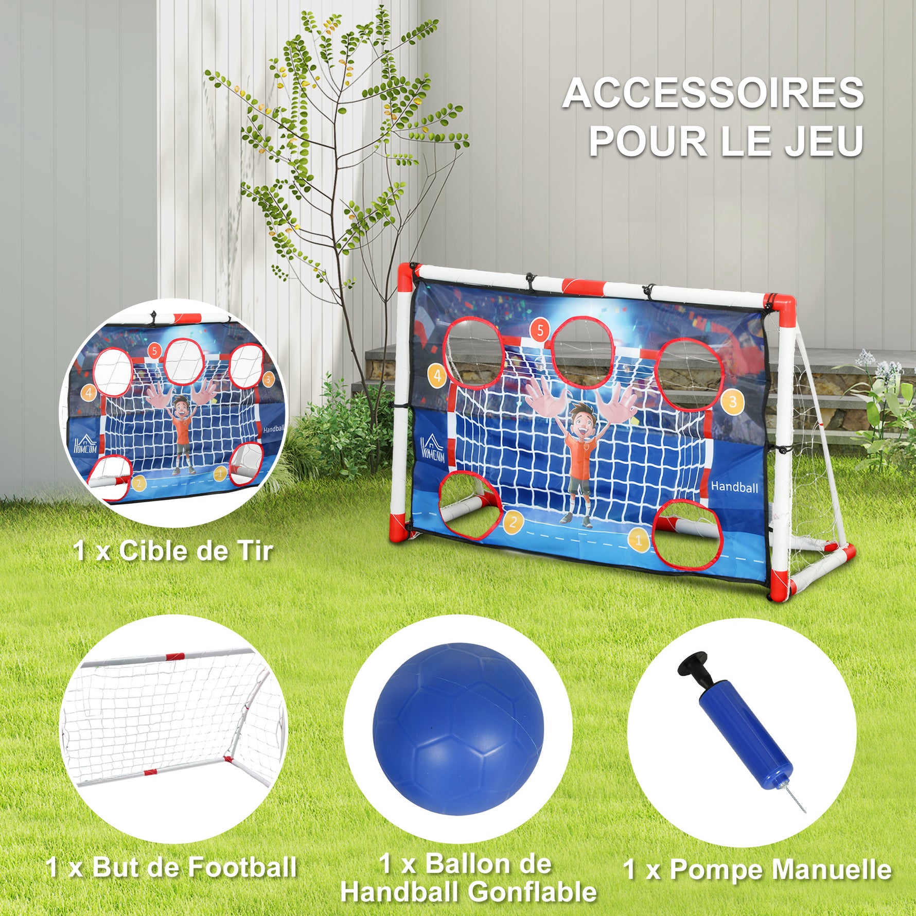 Cage de handball enfant exterieur but 5 zones cibles ballon de handball gonflable pompe 116 x 48 x 76 cm blanc
