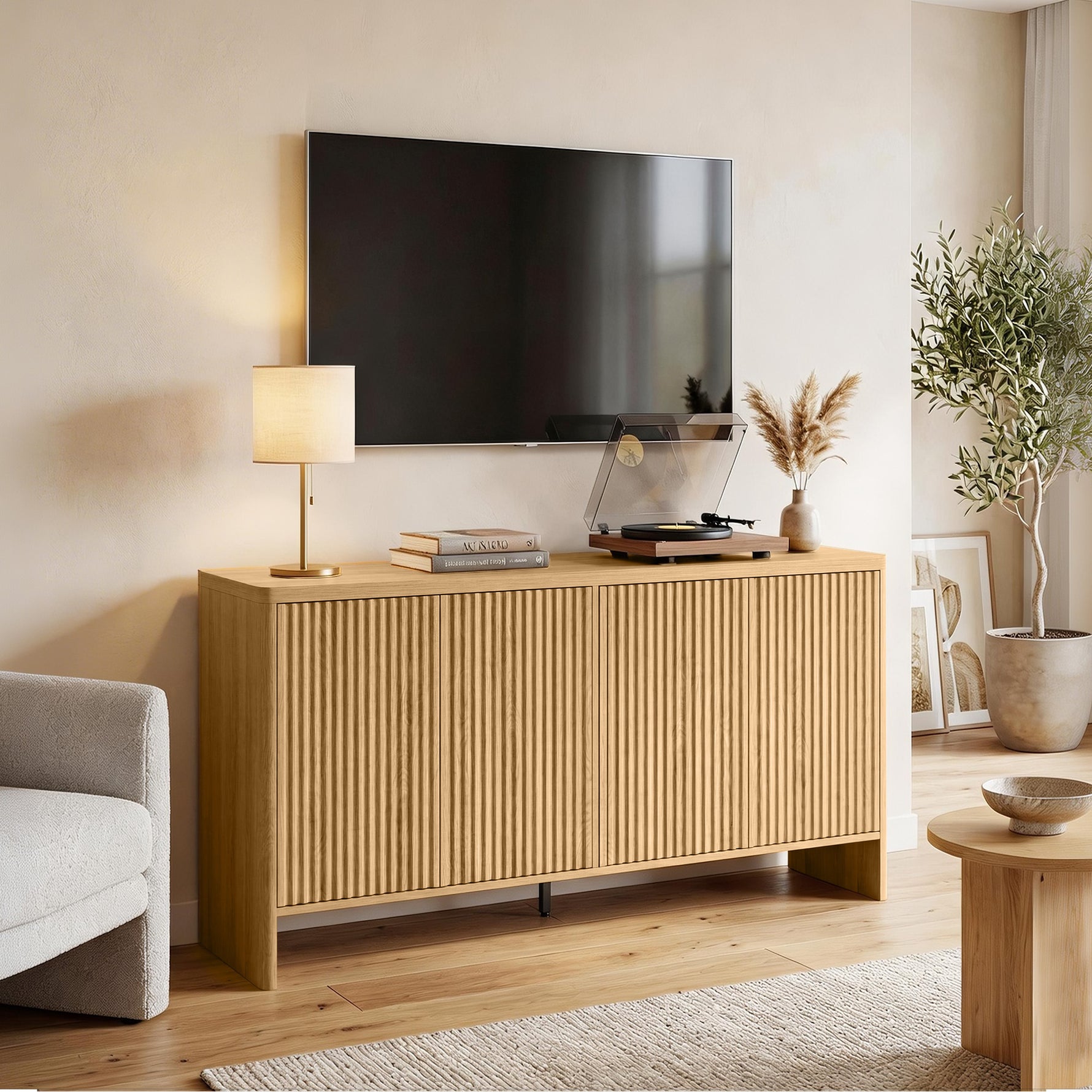 Buffet salon, meuble de rangement avec 4 portes rainurées, étagère réglable, ouverture par pression, 147x40x77cm, chêne