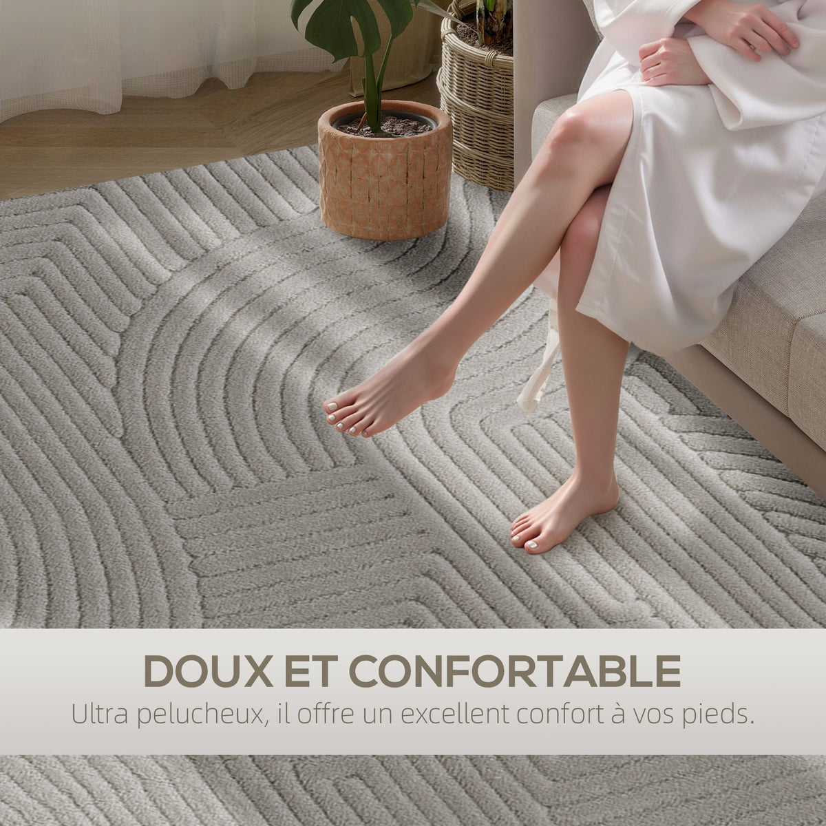 Tapis salon 160 x 120 cm, tapis à poils épais géométrique, moelleux et antidérapant, gris