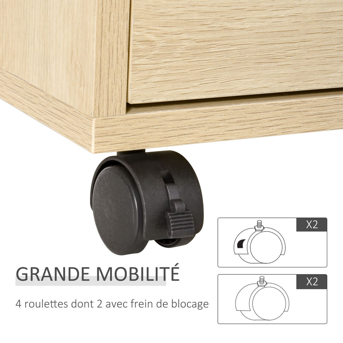Caisson de Bureau, Rangement Bureau sur Roulettes, 4 Tiroirs Coulissants en Bois, Naturel