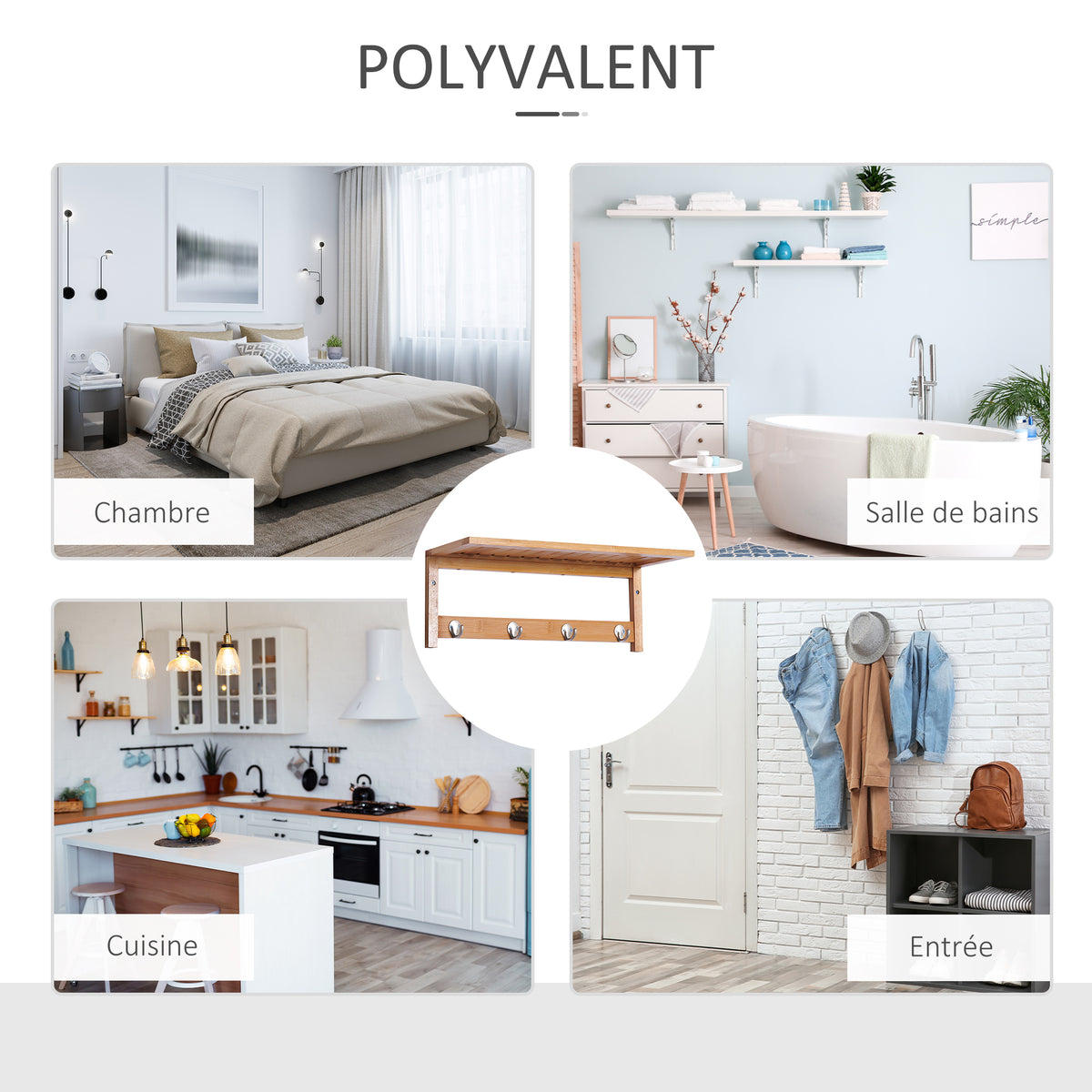 Porte-manteau mural penderie murale étagère 50L x 16l x 17,5H cm 4 patères kit fixation fourni bambou naturel