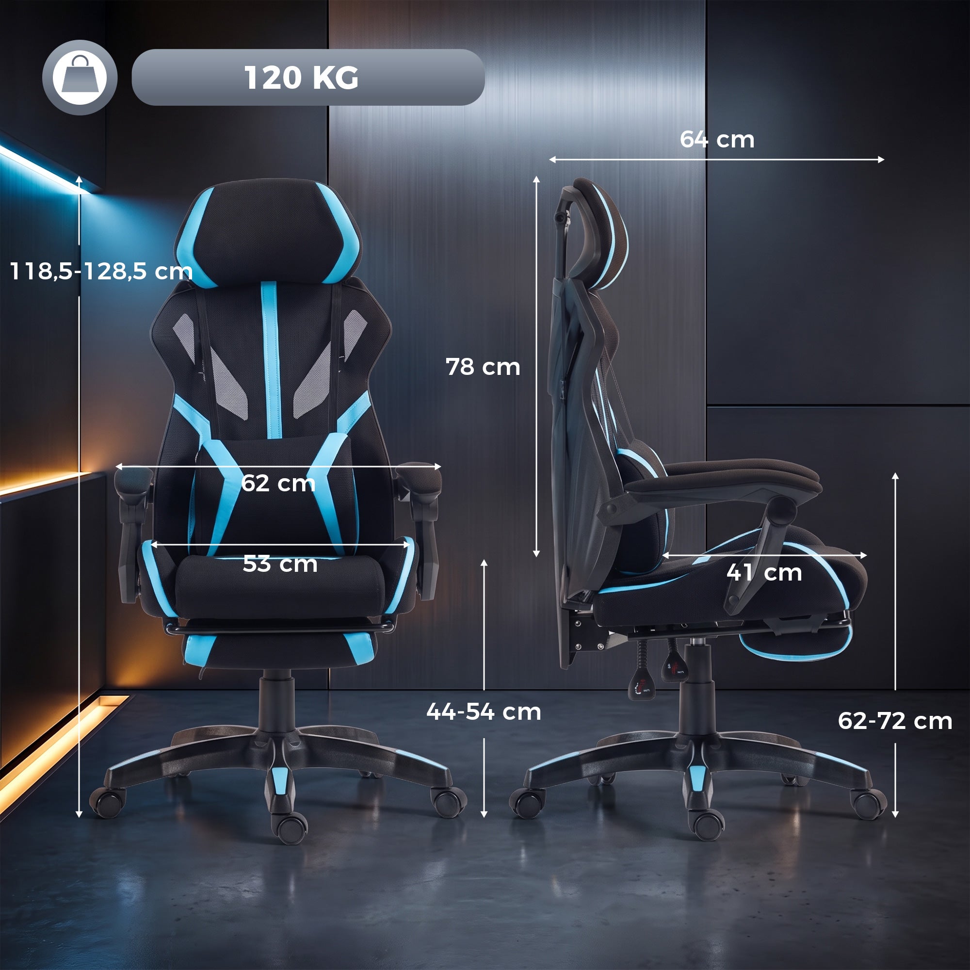 Ergonomic Gaming Chair, Reclining Mesh Gaming Chair with Adjustable Headrest, Lumbar Support, Black and Blue