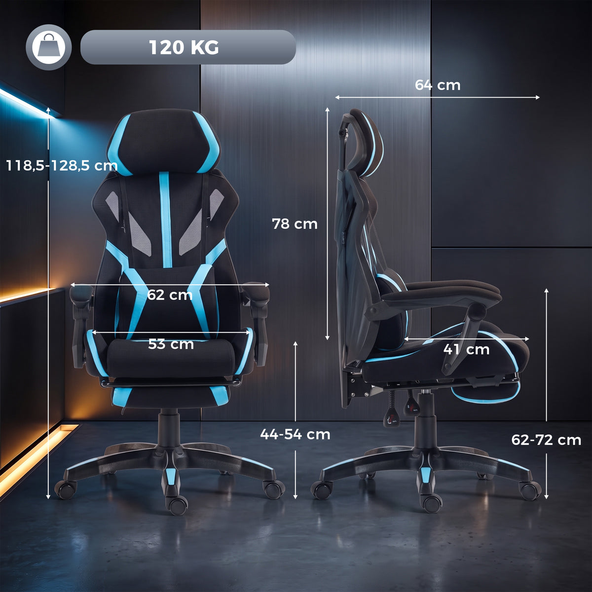 Ergonomic Gaming Chair, Reclining Mesh Gaming Chair with Adjustable Headrest, Lumbar Support, Black and Blue