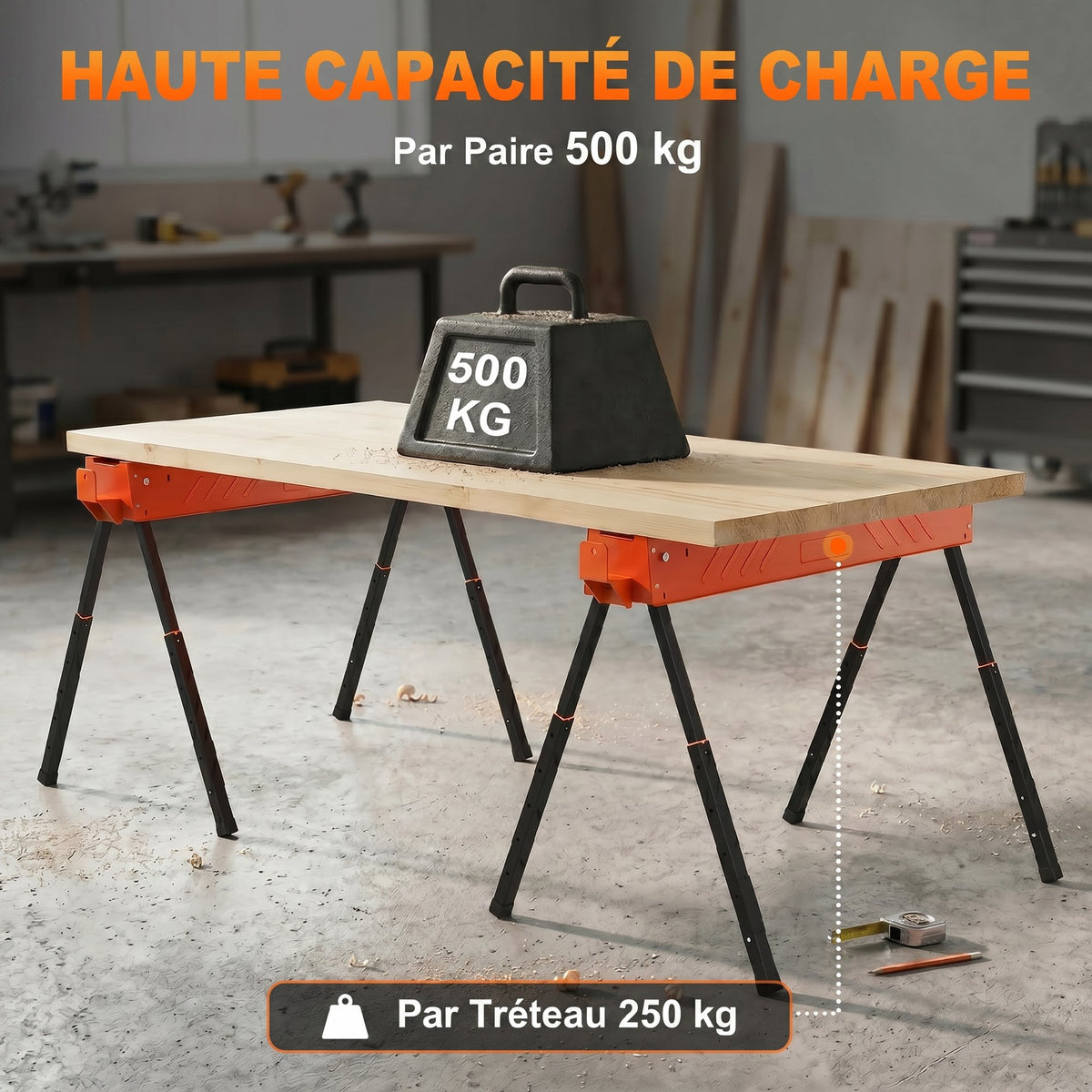 Lot de 2 Tréteaux Pliables en Métal, Charge Max. 500 kg, Tréteaux Portables, Hauteur Réglable 71-85,5cm, Orange