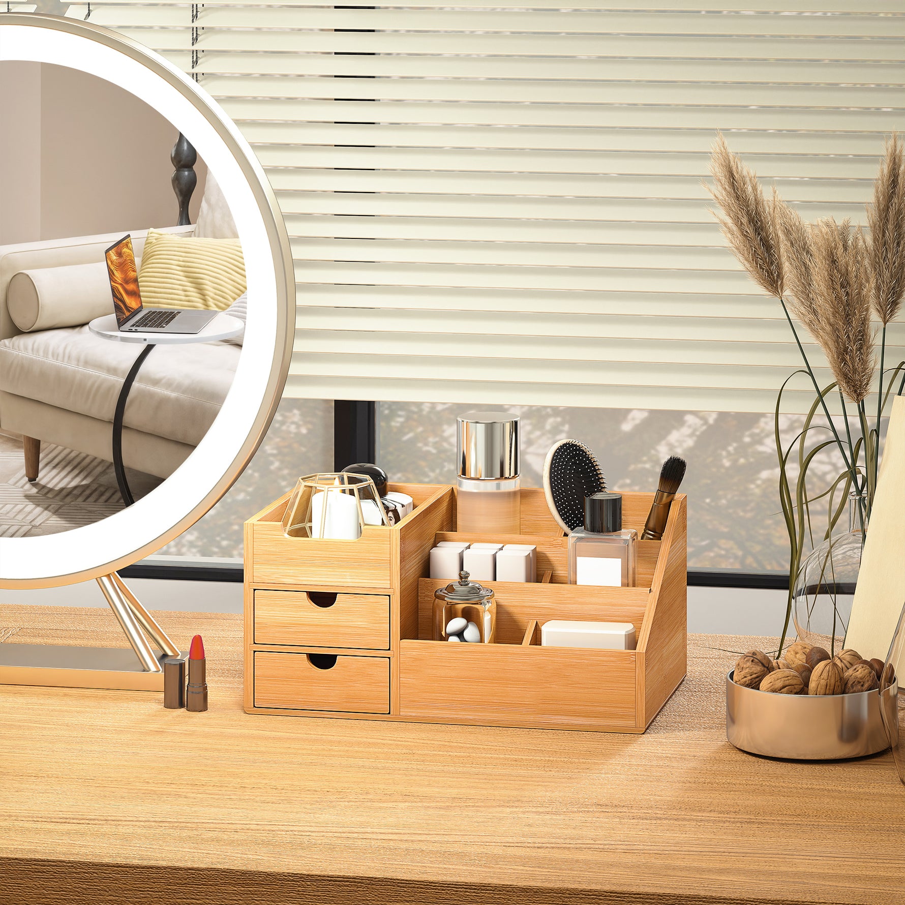 Boite de Rangement de Bureau - Organiseur de Bureau - 7 Compartiments, 2 tiroirs - Bambou Verni, Bambou
