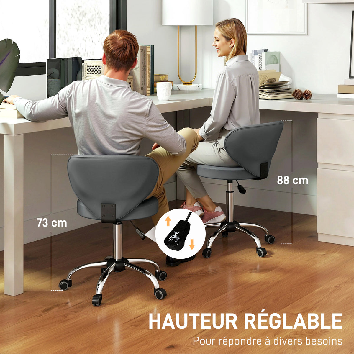Taburete con ruedas, taburete de masaje de PU con altura ajustable de 73-88 cm y respaldo, giratorio 360°, gris