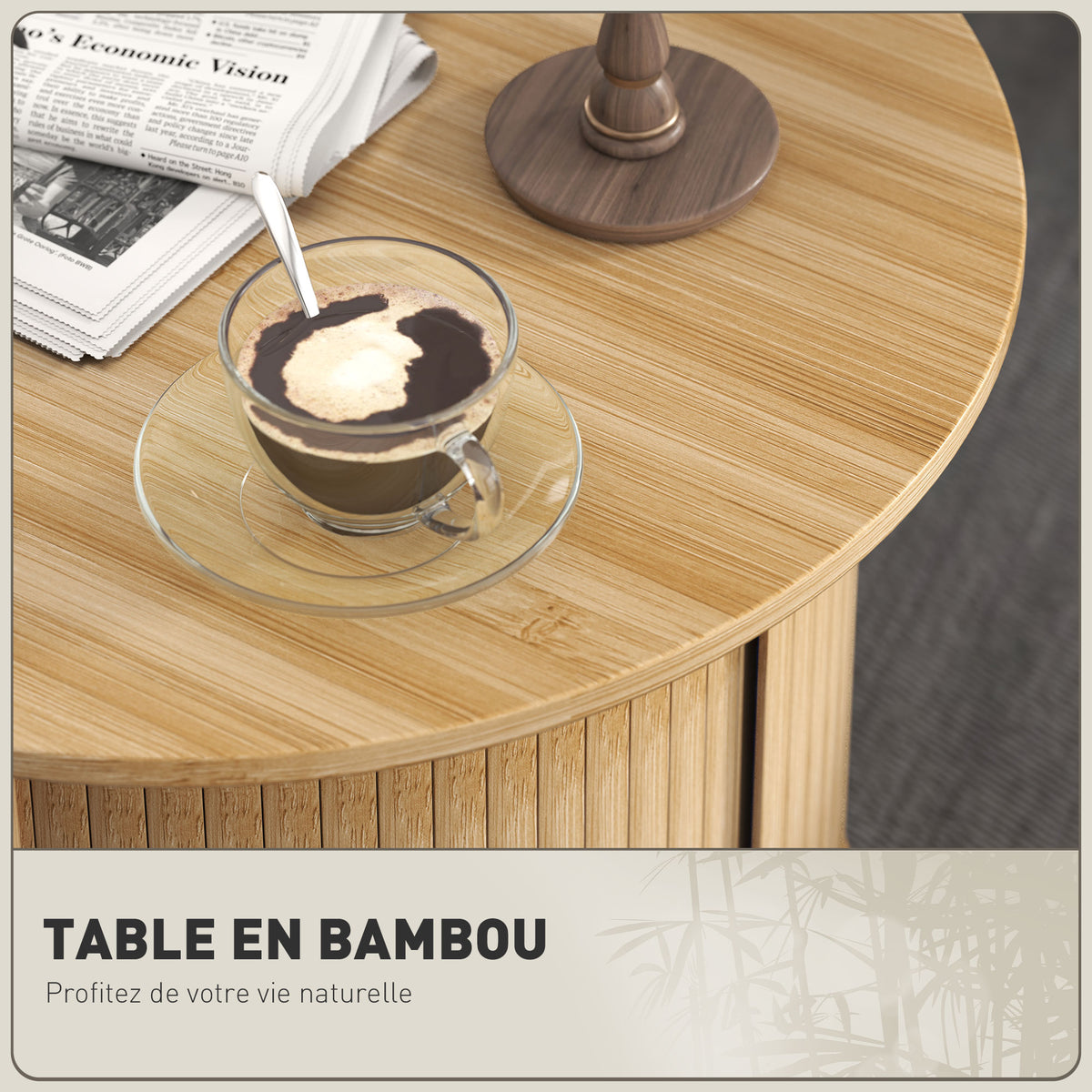 Table basse ronde table de salon en bambou avec rangement caché et porte coulissante, dim. Ø 60 x 45H cm, bois naturel-3