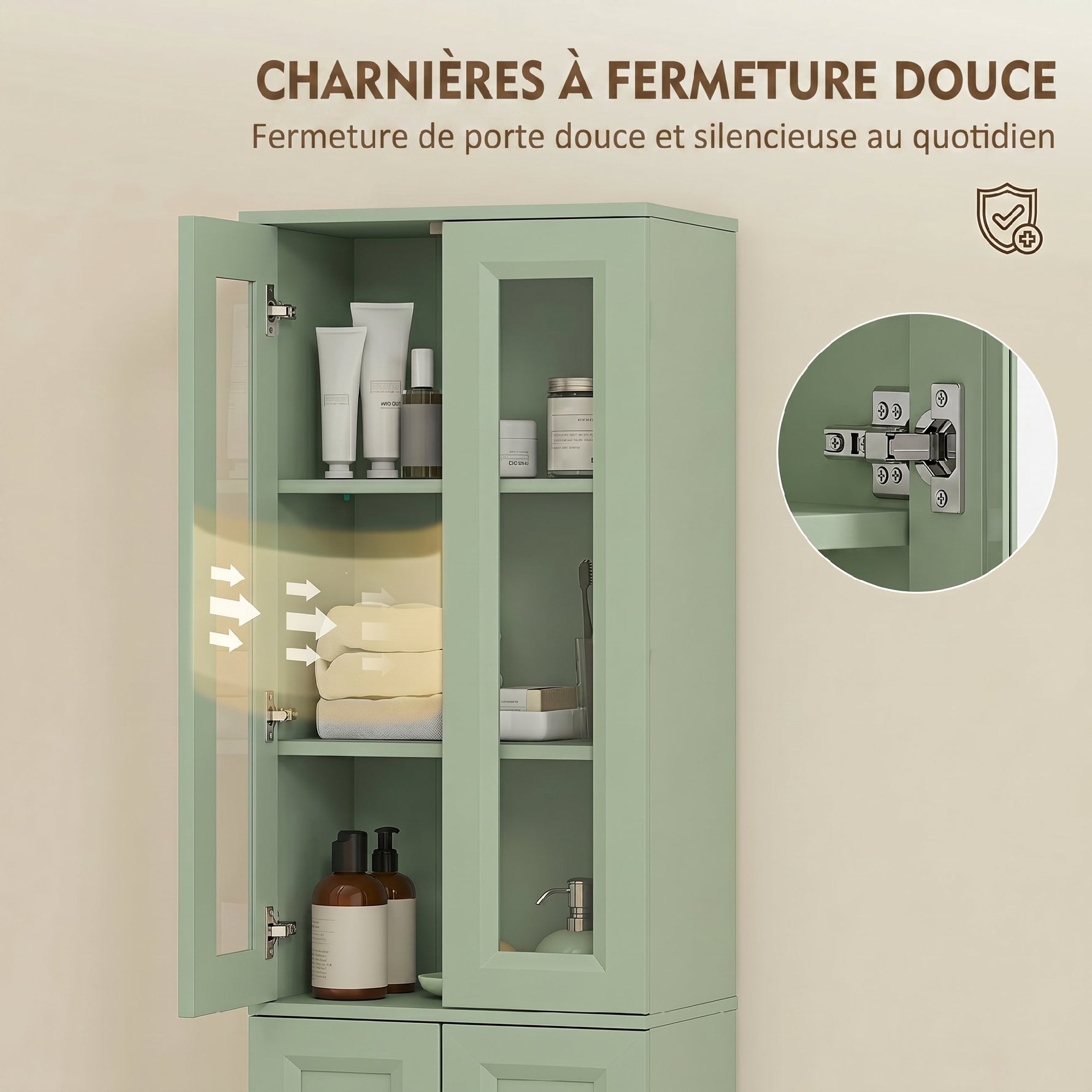Meuble de Salle de Bain 6 niveaux, Meuble de Rangement avec 4 Portes à Fermeture Douce et Étagères Réglables, Vert