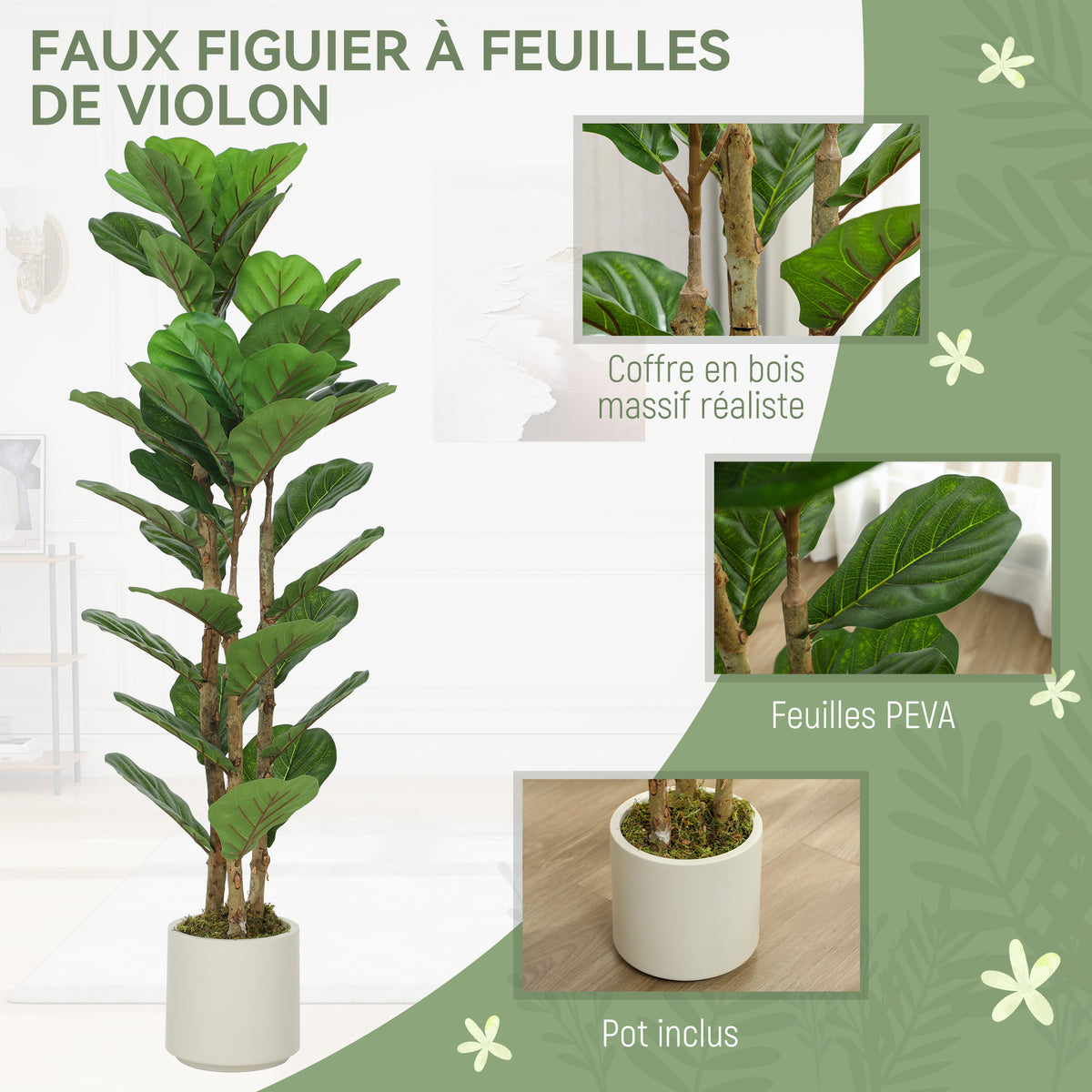 Plante artificielle intérieure 120 cm Figuier lyre arbre artificiel avec pot en plastique et tronc en bois massif, vert