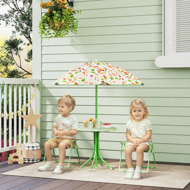 Ensemble salon de jardin extérieur enfant 4 pièces, motif éléphant et girafe, parasol réglable Ø 100 cm, chaise pliable
