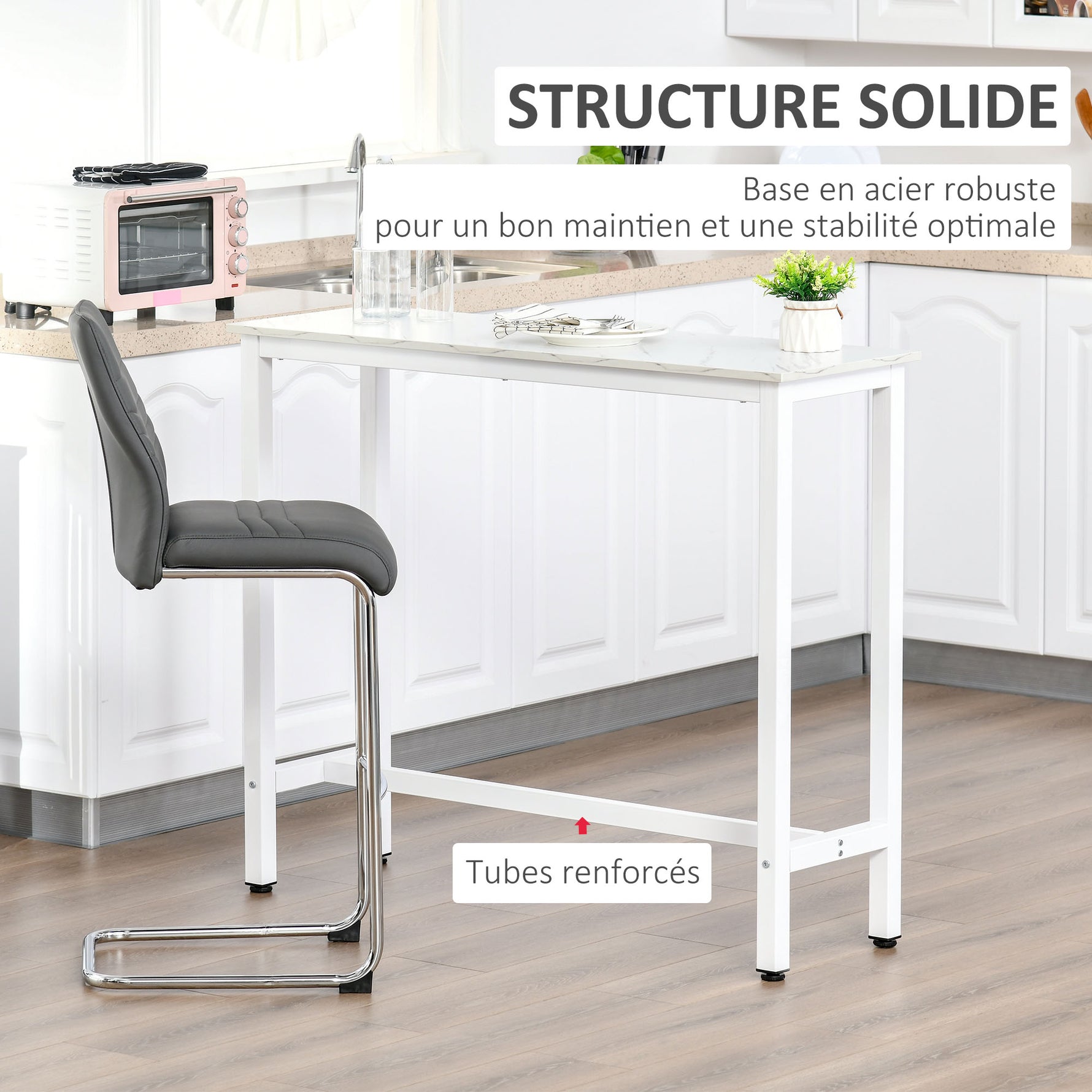 Table de bar table haute de cuisine mange-debout 120 x 40 x 100 cm châssis piètement acier, plateau aspect marbre blanc