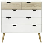 Commode 5 tiroirs Design scandinave Meuble de Rangement Chambre Panneau de Particules 99 x 39 x 101 cm Blanc Aspect chêne Clair
