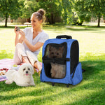 2-in-1-Hundetransporttasche mit Rollen, Trolley, Wagen und Rucksack für Hund und Katze mit Teleskopgriff, Aufbewahrungsfächern, Belüftungsöffnungen und Sicherheitsgurt, 42 x 25 x 55 cm, blau