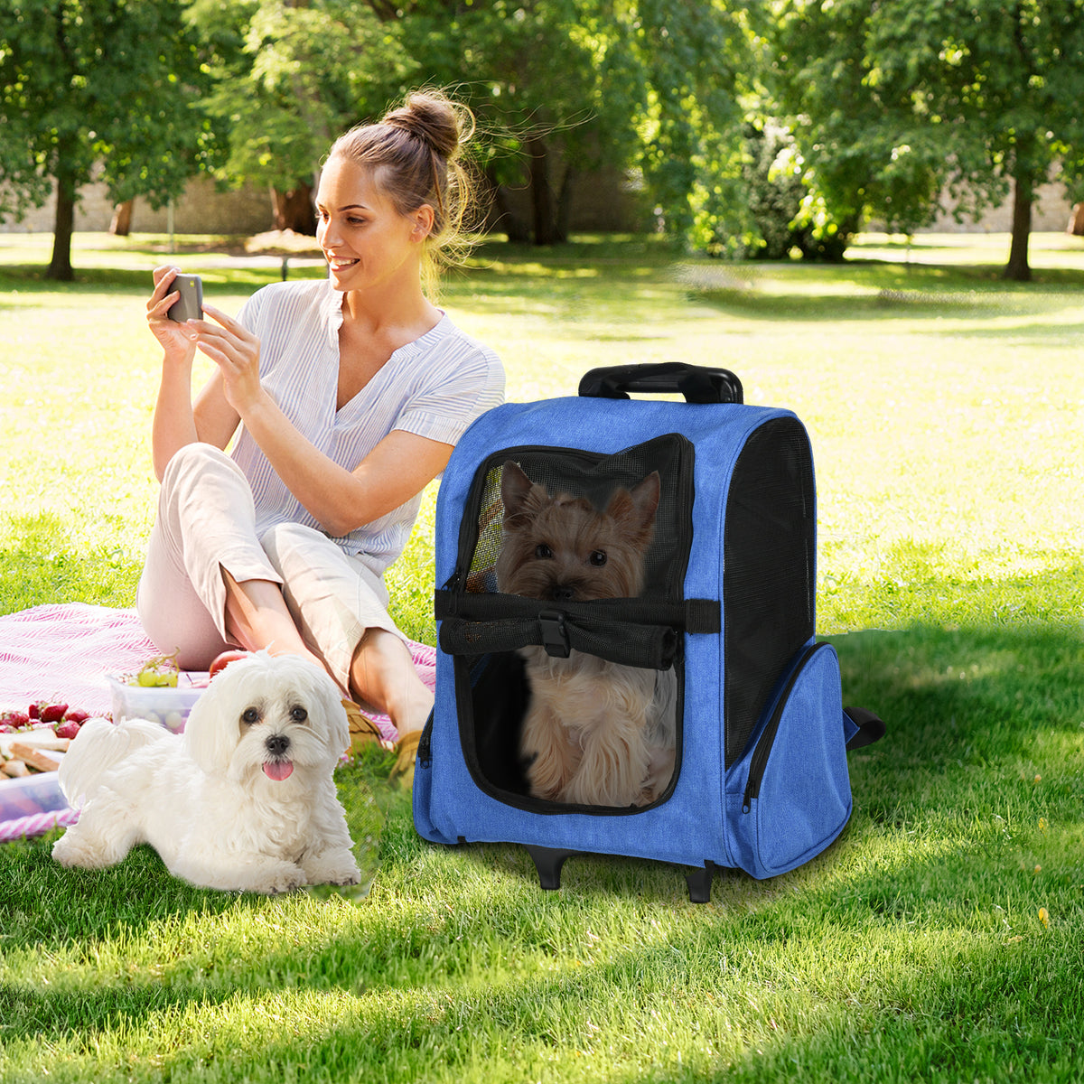 2-in-1-Hundetransporttasche mit Rollen, Trolley, Wagen und Rucksack für Hund und Katze mit Teleskopgriff, Aufbewahrungsfächern, Belüftungsöffnungen und Sicherheitsgurt, 42 x 25 x 55 cm, blau