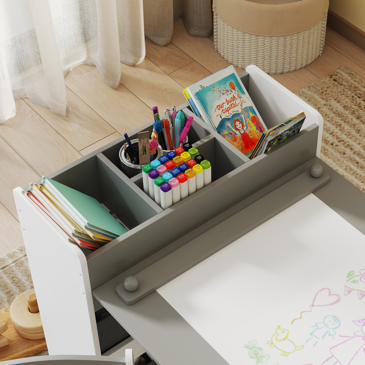 Conjunto de mesa y 2 sillas infantiles de madera con rollo de papel, estantes y cajones, para niño y niña de 3 a 8 años, gris