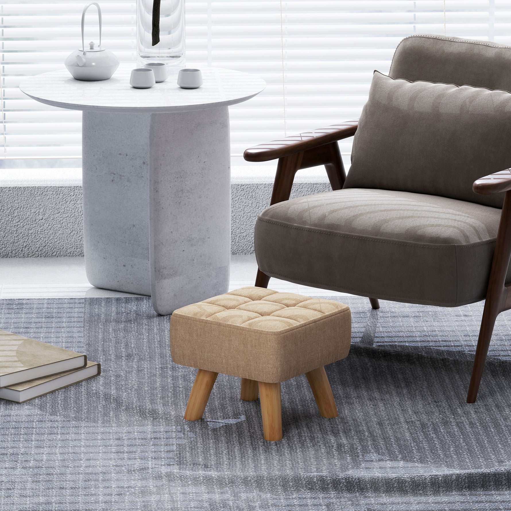 Repose pied salon ottoman siège rembourré en tissu avec pieds en bois 27 x 27 x 26 cm marron clair