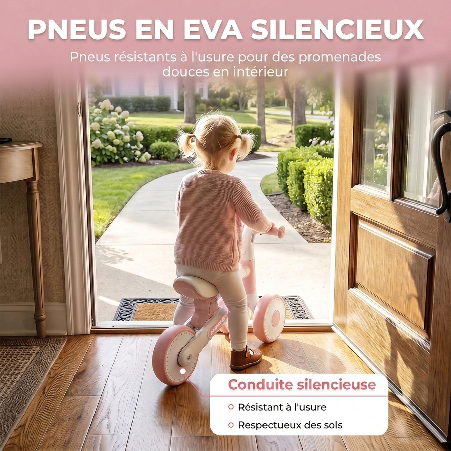 Draisienne Bébé 1-2 Ans Pliable, Siège Réglable, Direction Limitée à 135°, Pneus EVA Silencieux, 52x23x36,5cm, Rose