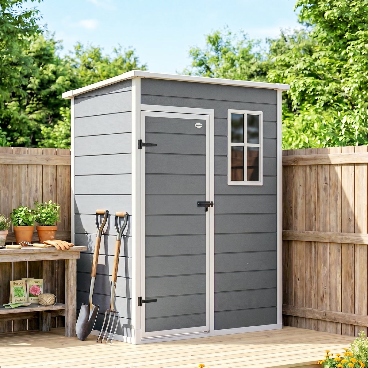 Abri de jardin 1,14 m² pour outils - porte verrouillable, aération et fenêtre - dim. 151L x 92l x 193H cm  - plastique, gris