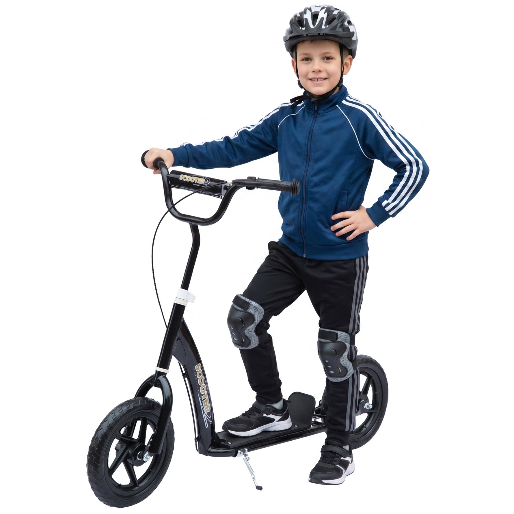 Trottinette enfant patinette pneus 30 cm Hauteur Guidon réglable poignée Frein et béquille Acier pour enfants à partir de 5 ans Noir