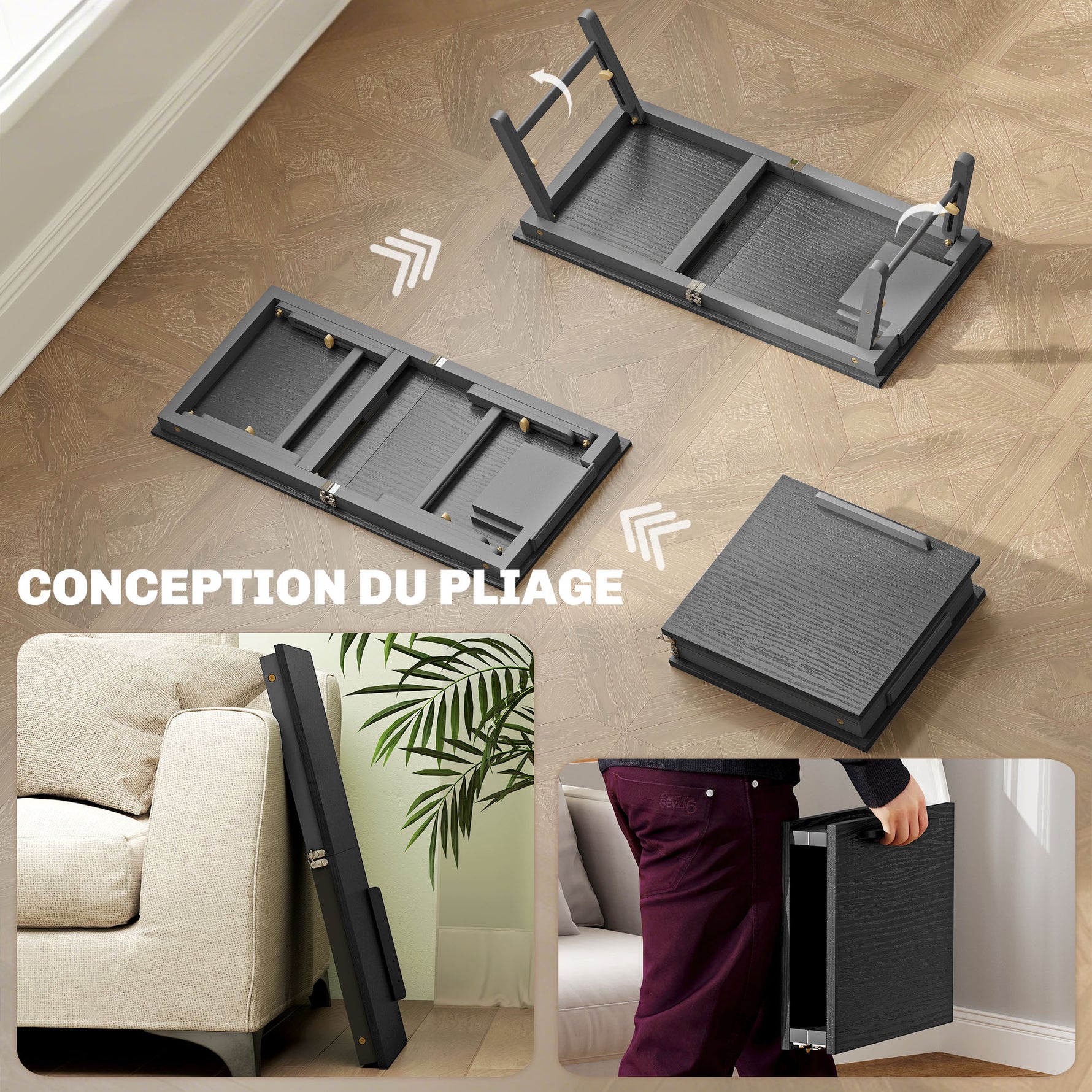 Table de lit pliable et réglable, plateau de lit pour ordinateur portable en bambou plateau inclinable 83,5x33x34cm noir
