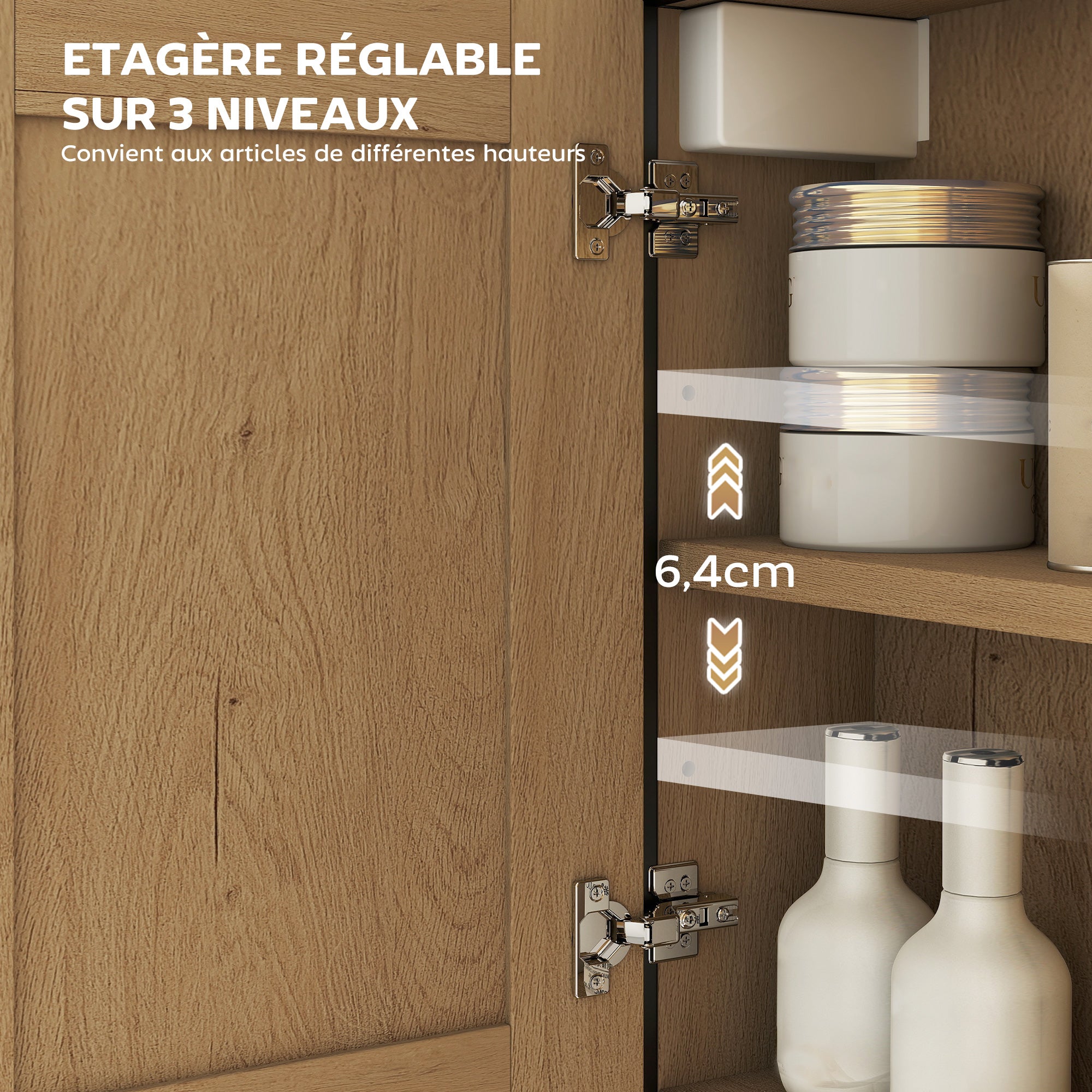 Armoire murale salle de bain avec miroir, meuble salle de bain avec compartiment ouvert et étagère réglable, chêne