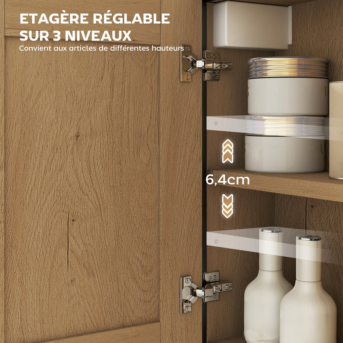 Armoire murale salle de bain avec miroir, meuble salle de bain avec compartiment ouvert et étagère réglable, chêne