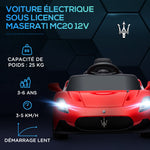 Voiture électrique pour enfants sous licence Maserati MC20 12V, Télécommande, LED, Musique et Klaxon, 3 à 6 Ans, rouge