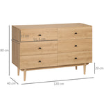 Commode 6 tiroirs meuble de rangement pieds en bois massif 120 x 40 x 80 cm marron clair