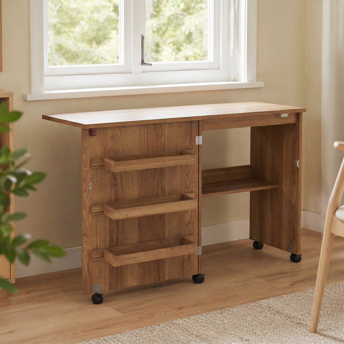 Mesa de costura plegable, mueble de costura abatible con cajones de almacenamiento, estante abierto y ruedas, marrón