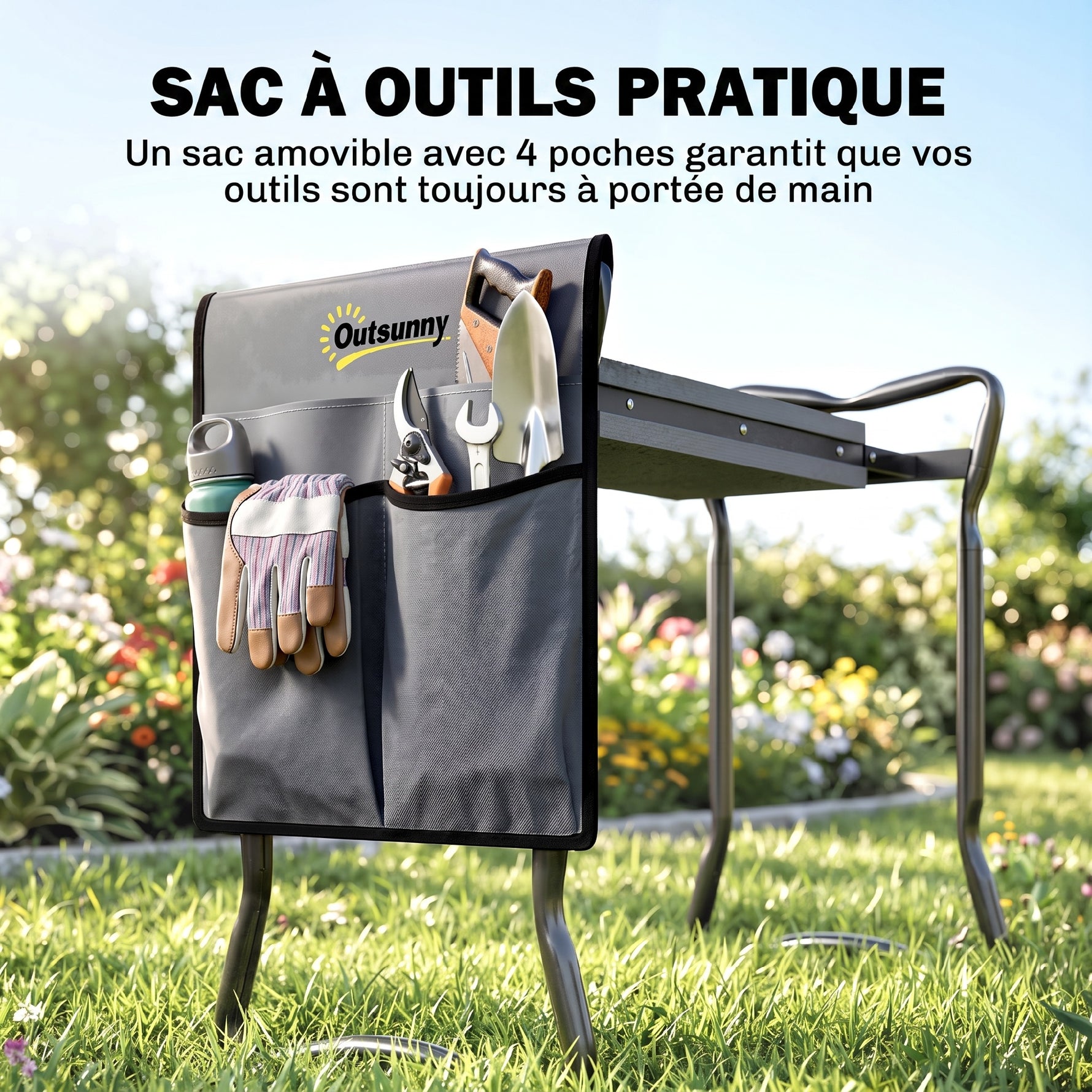 Tabouret de Jardin Pliable 2 en 1, Coussin en Mousse EVA et 4 Poches à Outils Amovible, Charge 150kg, 58x28x49cm, Gris