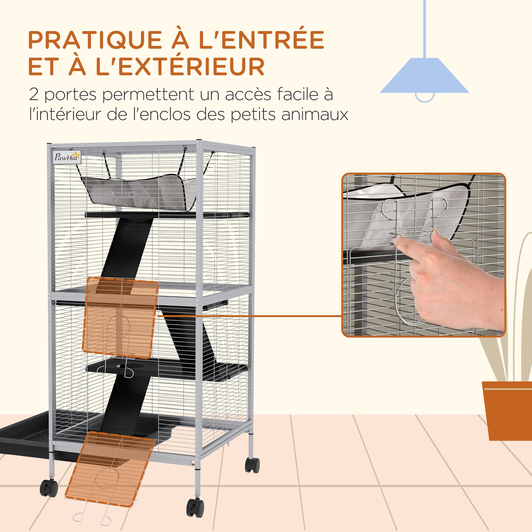 Cage pour Petits Animaux Portable à 4 Niveaux avec Roulettes, 2 Portes, 3 Rampes, Hamac et Plateau Amovible