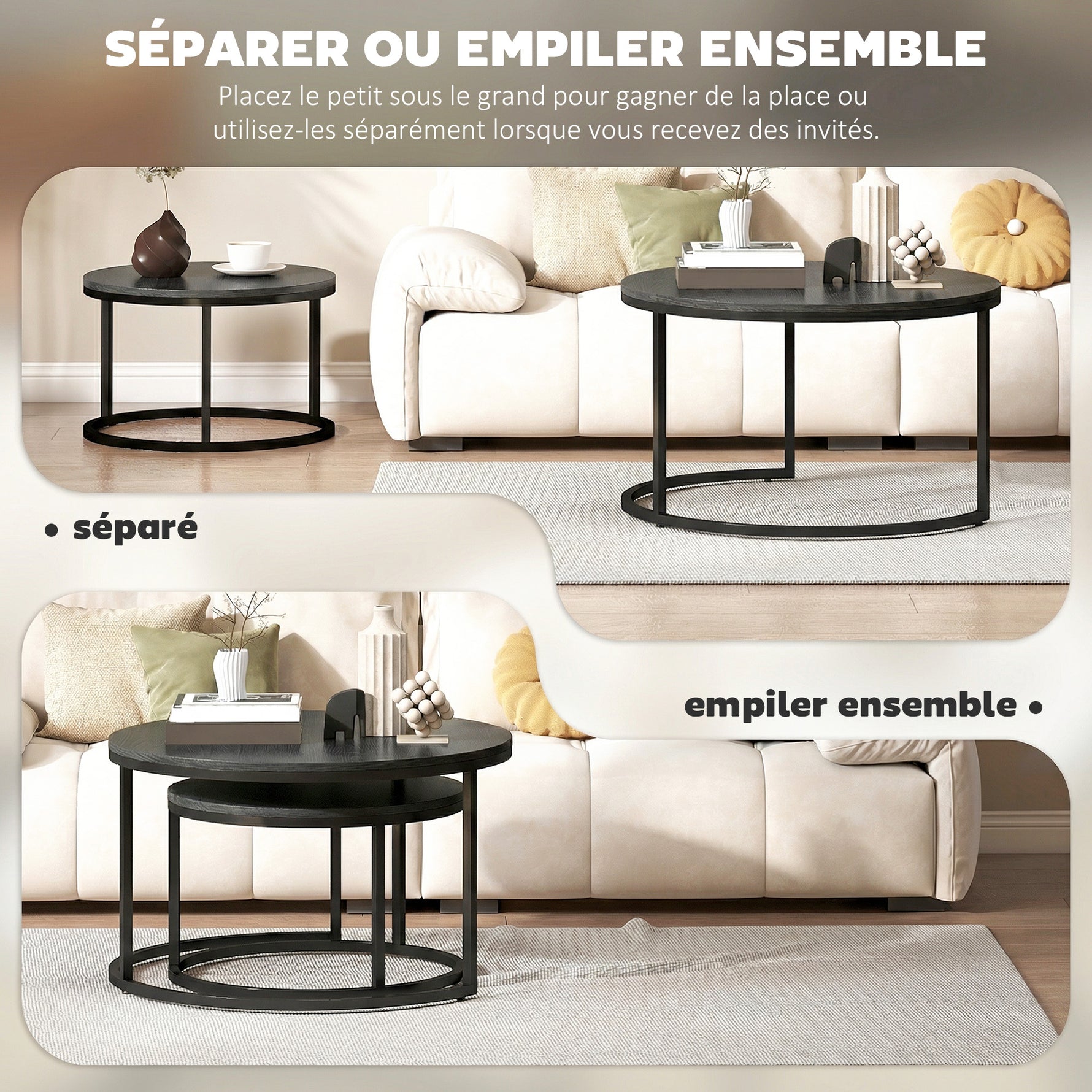 Lot de 2 tables basses gigognes empilable design industriel pieds en métal noir