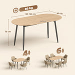 Mesa de comedor extensible ovalada para 4 a 6 personas, mesa de cocina 120-160 cm, bordes redondeados, roble