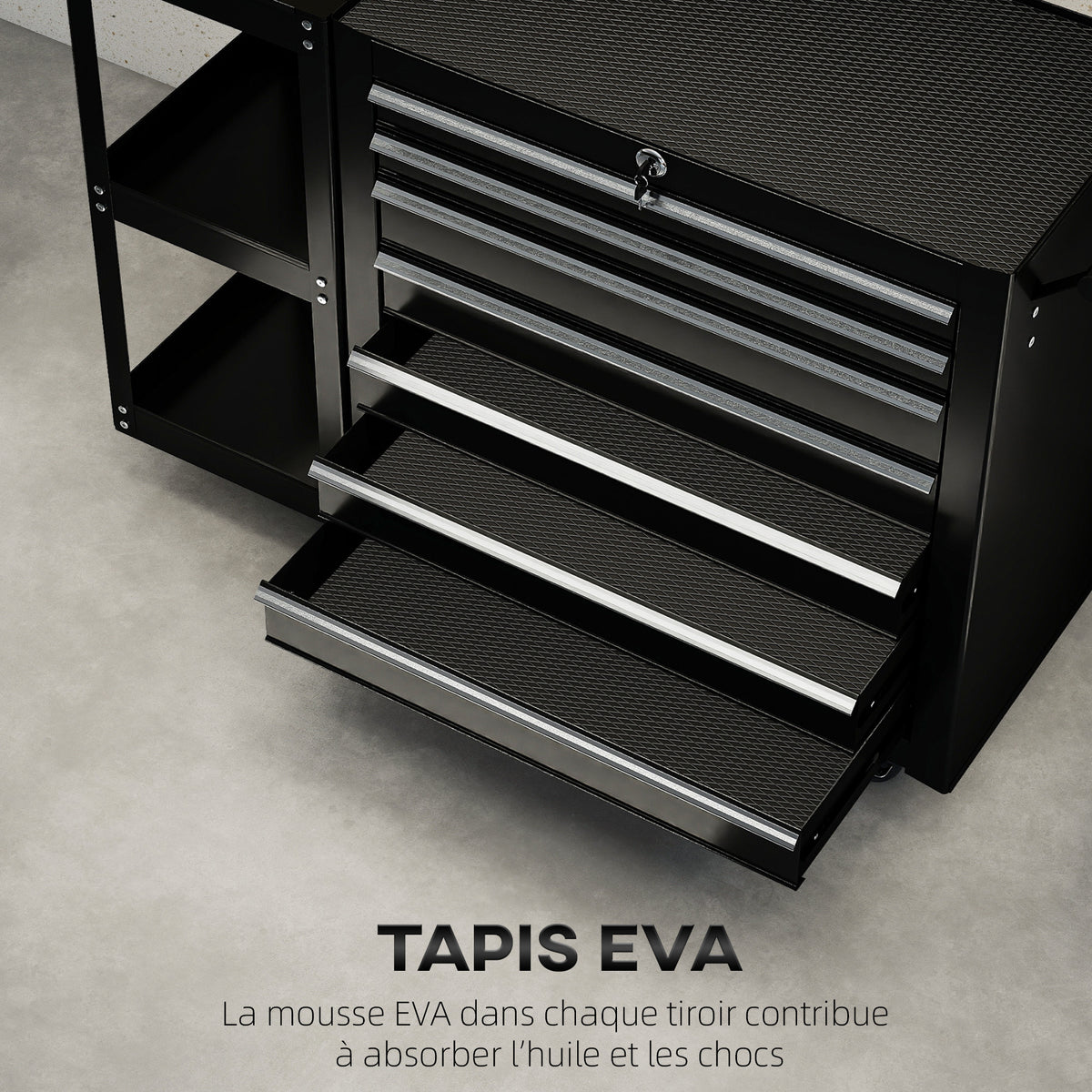 Servante d'Atelier en Acier à 7 Tiroirs, Chariot à Outils sur Roulettes avec Étagère Latérale Amovible, Noir