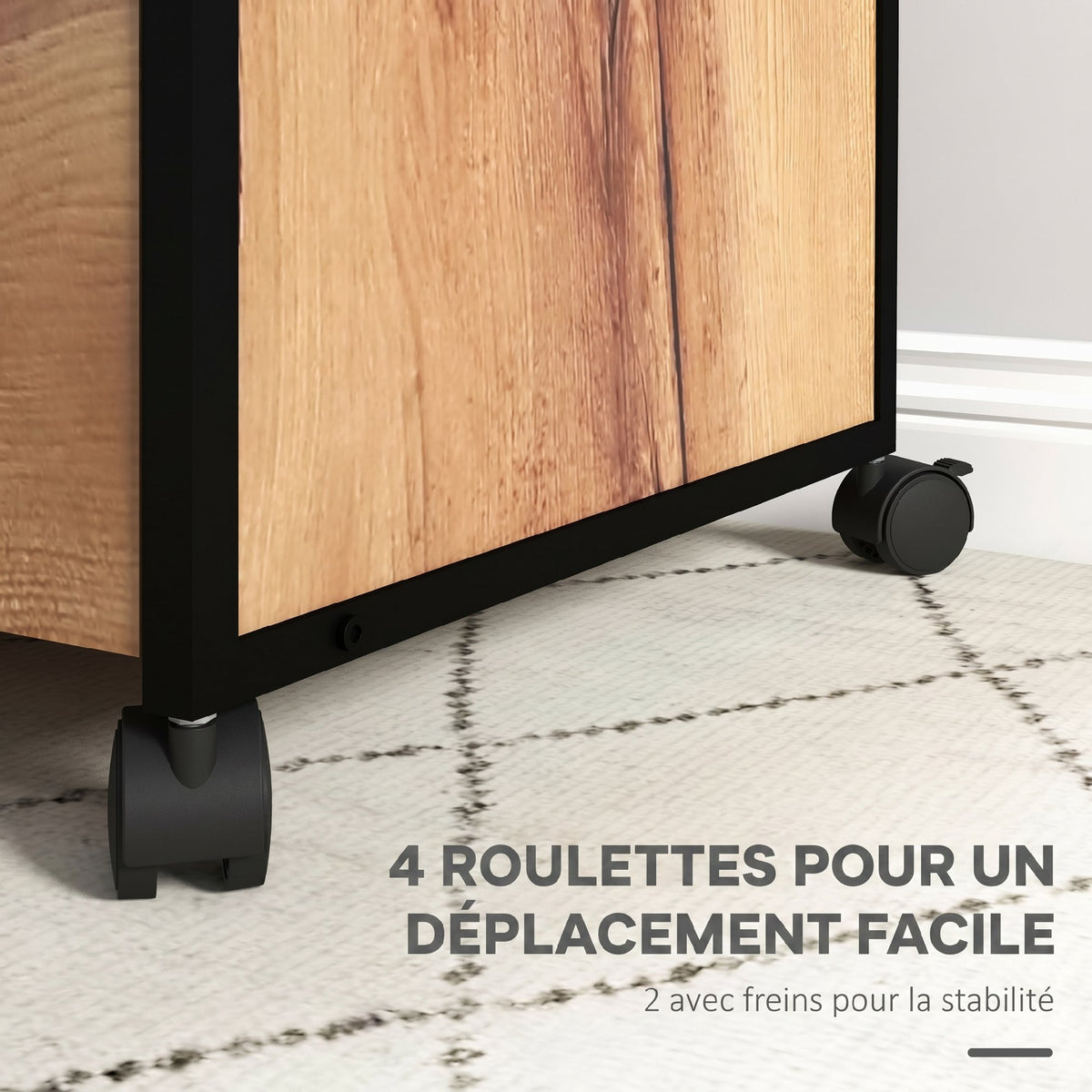 Caisson bureau mobile avec 2 tiroirs, meuble rangement bureau sur roulettes avec barres pour dossiers, marron