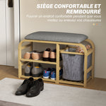 Banc à chaussures avec coussin d'assise, 2 étagères à lattes et panier en tissu coulissant, 70x30x45cm, bois naturel-3
