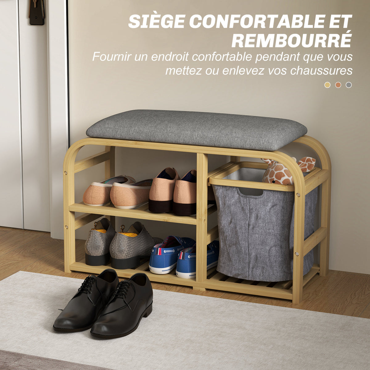 Banc à chaussures avec coussin d'assise, 2 étagères à lattes et panier en tissu coulissant, 70x30x45cm, bois naturel-3