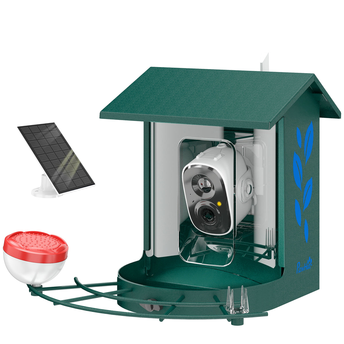 Mangeoire à Oiseaux avec Caméra 2K Solaire 2,5L 142°, Identification IA 16000+, App, IP65, SD 32 Go, 30x34,5x26,3cm Vert