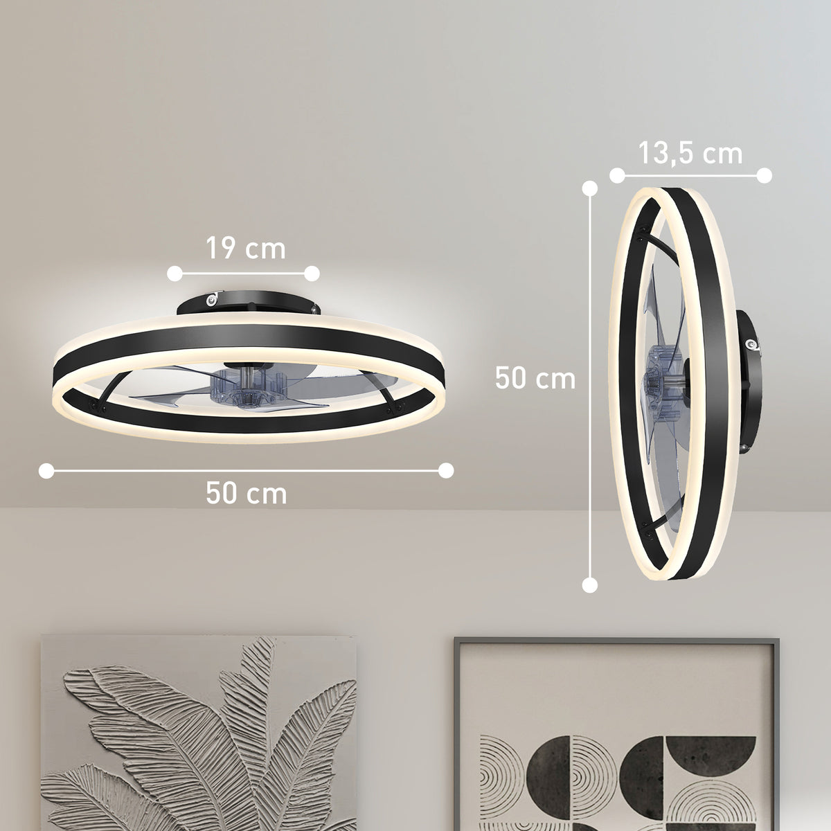 Ceiling fan with light and remote control, 50 cm ceiling fan light with 6 speeds, black