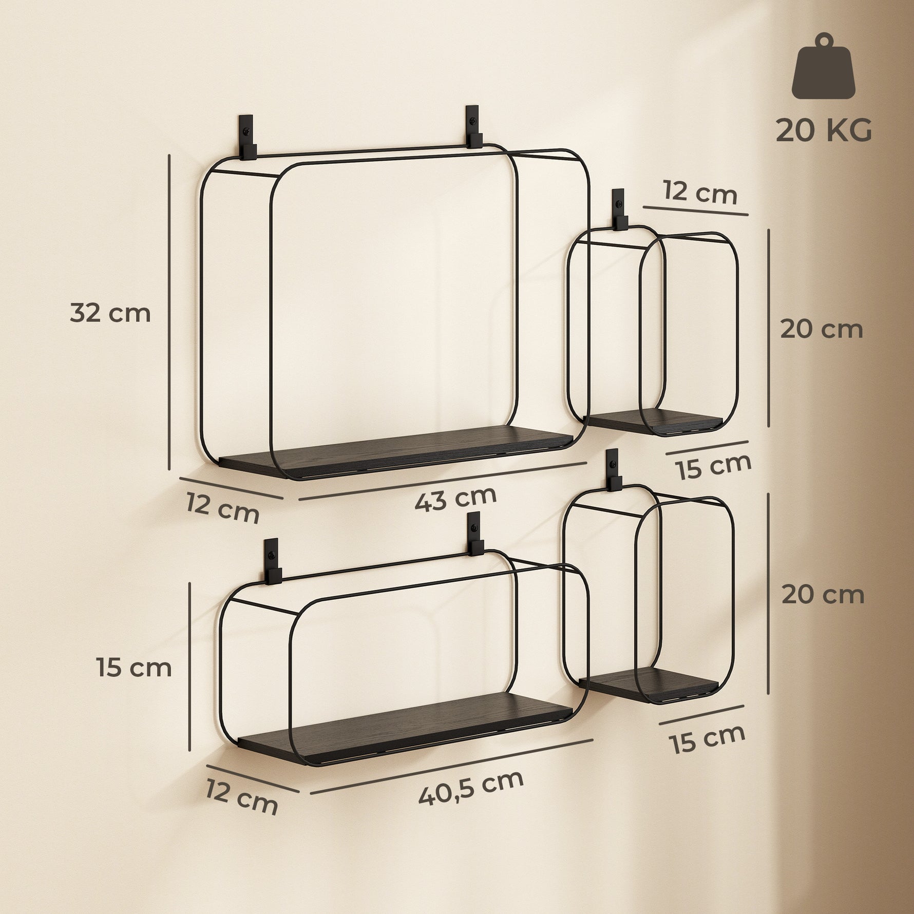 Lot de 4 étagères murales industrielles, étagères flottantes géométriques en métal, pour salon, chambre et bureau, noir