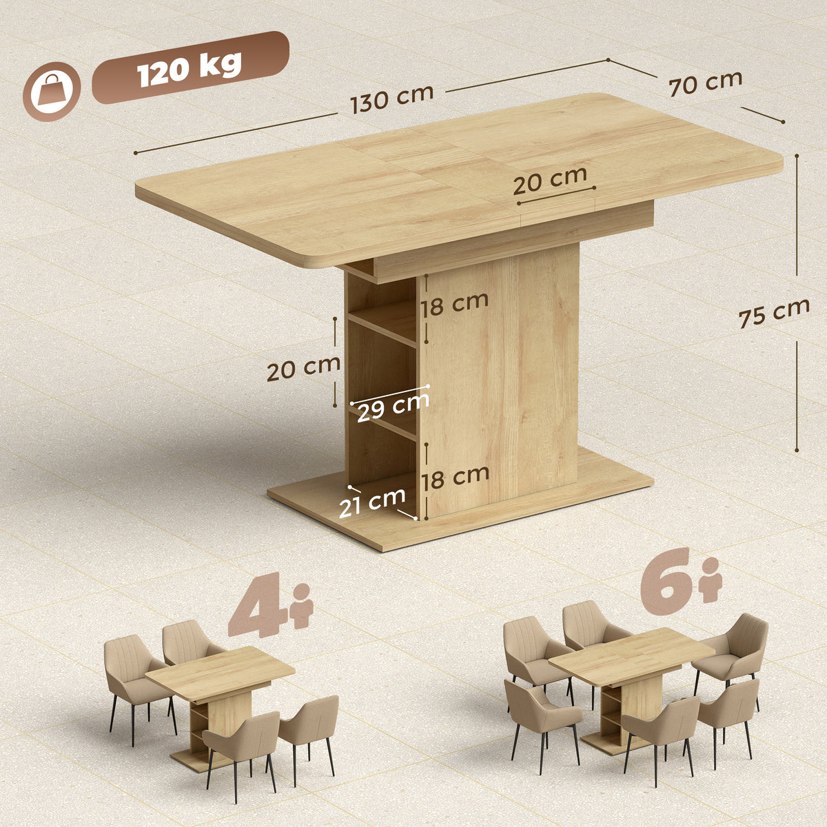 Mesa de comedor rectangular extensible para 4 a 6 personas, mesa de cocina de 110-130 cm, 6 estantes abiertos, madera natural