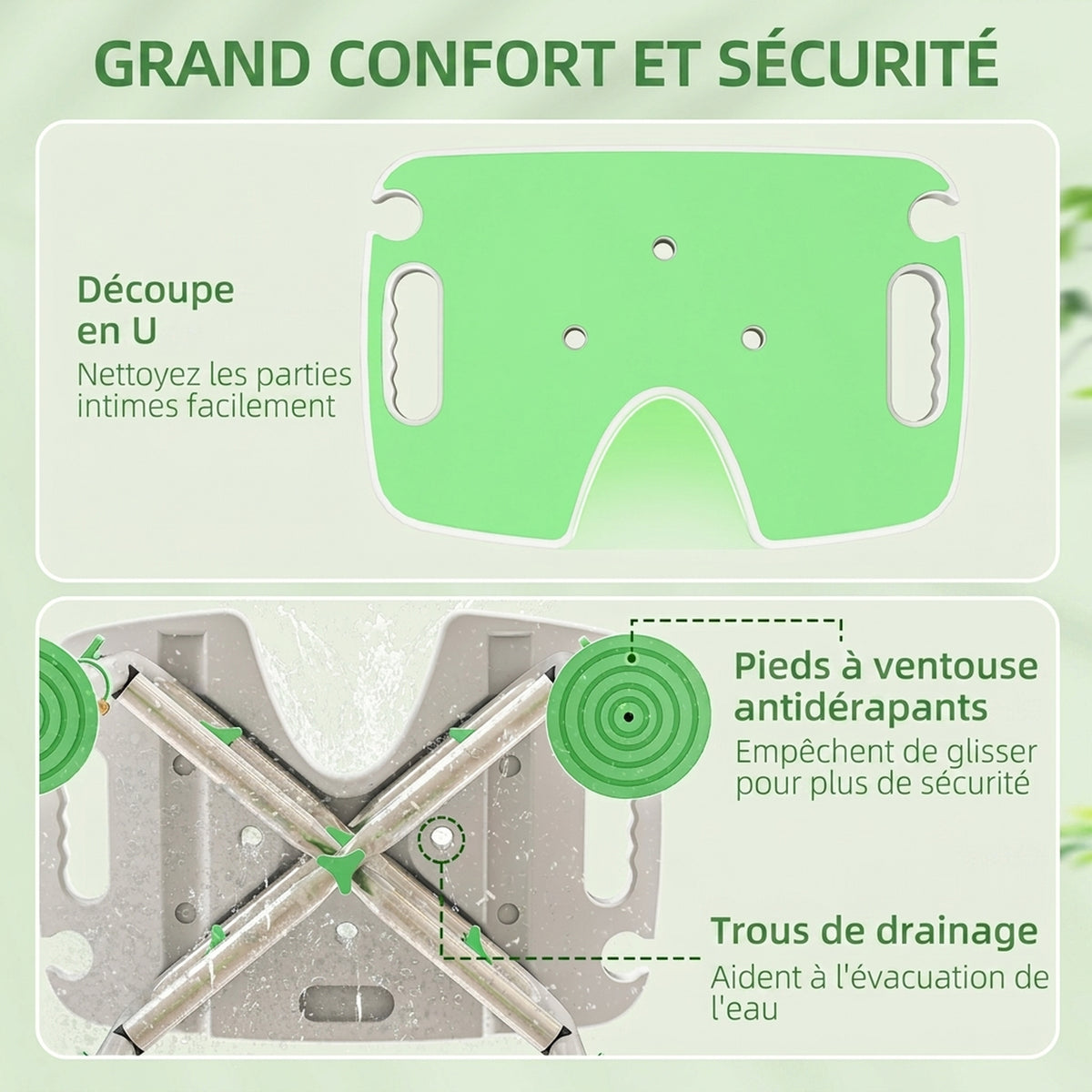 Tabouret de Douche, Hauteur Ajustable 39-51,5 cm, Barre d'Appui à Ventouse, Patins à Ventouse, Vert