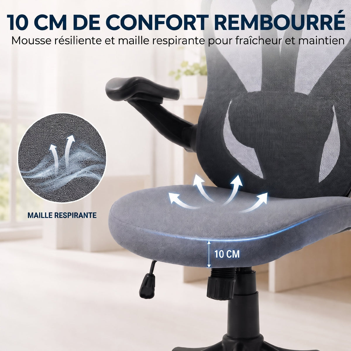 Chaise Bureau Ergonomique avec Accoudoirs 3D et Appui-Tête Réglable, Fauteuil de Bureau en Maille, Gris