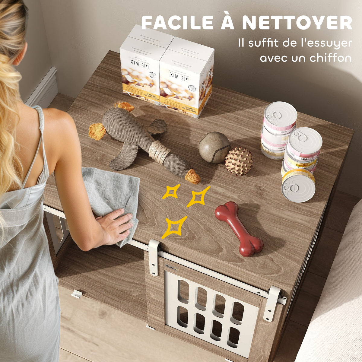Meuble cage pour chien avec porte coulissante, maison pour chien de moyenne, table d'appoint, 80 x 59 x 63 cm, noyer