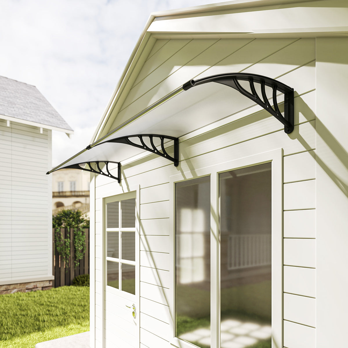 Auvent de porte d'entrée, toit marquise de porte exterieur en polycarbonate et profil aluminium résistante toit abri protection contre la pluie et UV pour terrasse, balcon, 195x75cm, transp.